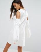 Asos Denim Shift Dress In White With Puff Sleeve And Cold Shoulder - White
