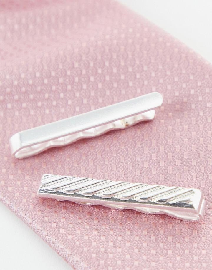 Asos Design 2 Pack Tie Bar Set In Silver And Silver Emboss