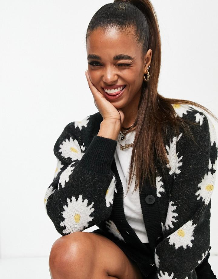 Monki Macey Recycled Daisy Cardigan In Black