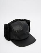 Asos 5 Panel Trapper Cap In Black Faux Leather - Black