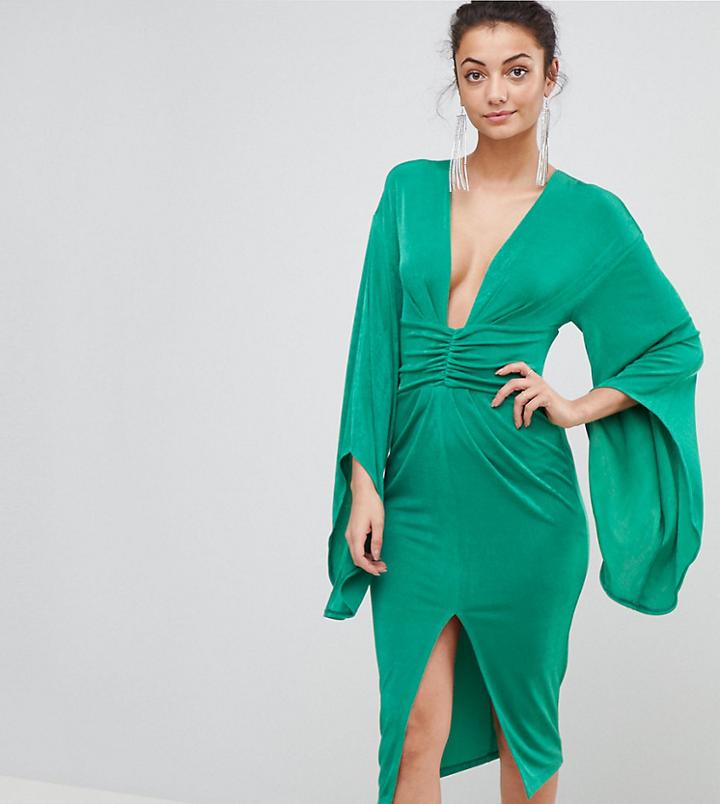 Asos Tall Deep Plunge Slinky Kimono Midi Dress - Green