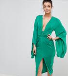 Asos Tall Deep Plunge Slinky Kimono Midi Dress - Green