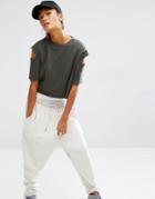 Daisy Street Sweat Crop Top With Cold Shoulder - Green
