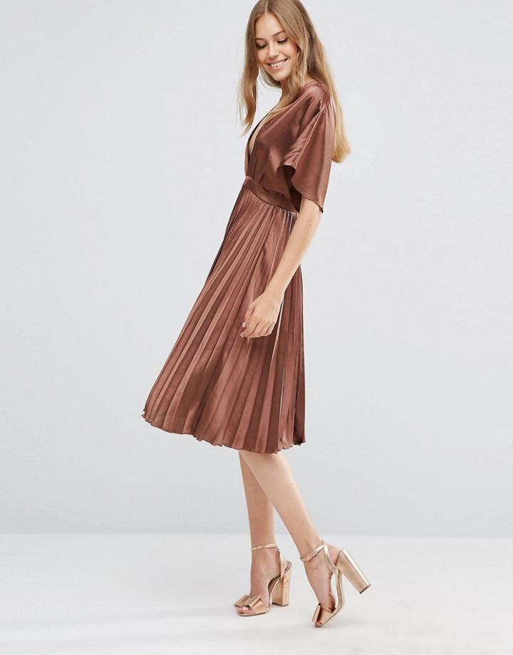 Asos Pleated Satin Caftan Midi Dress - Brown