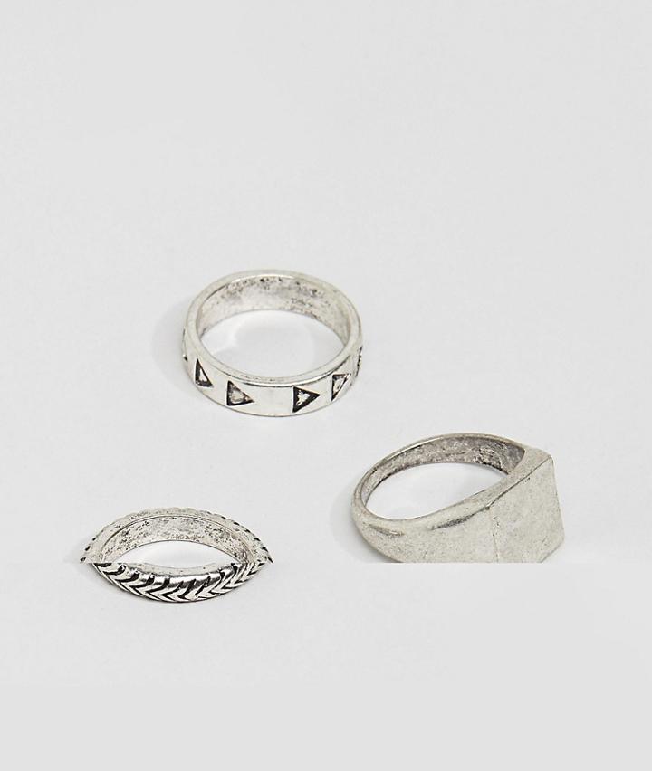 Asos Design Ring Pack In Burnished Silver - Silver