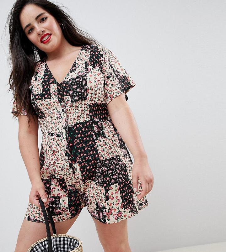 Asos Design Curve Swing Romper With Button Front In Patchwork Floral Print - Multi
