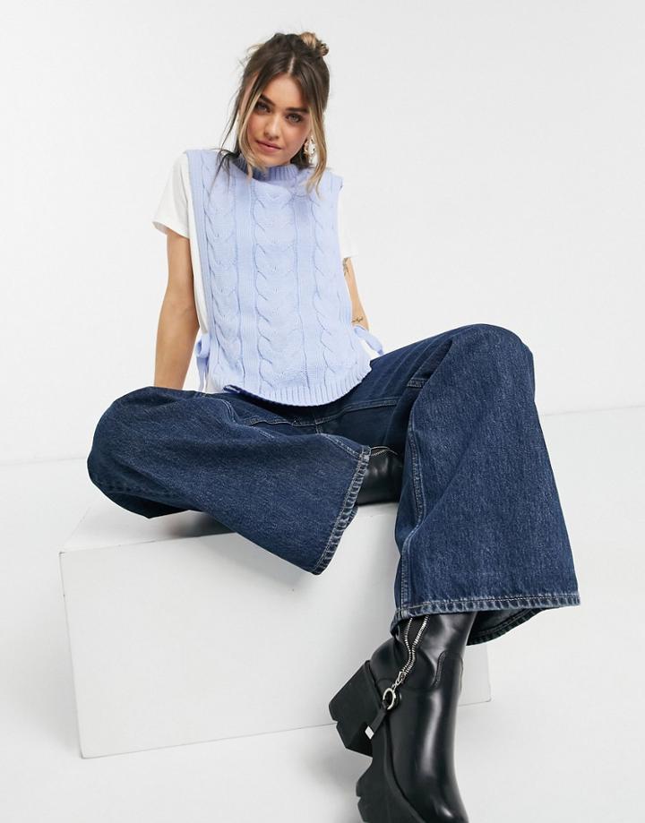 Asos Design Knitted Cable Vest With Tie Sides In Blue-blues