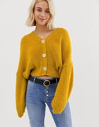 Asos Design Cropped Cardigan With Oversized Sleeve Detail - Yellow