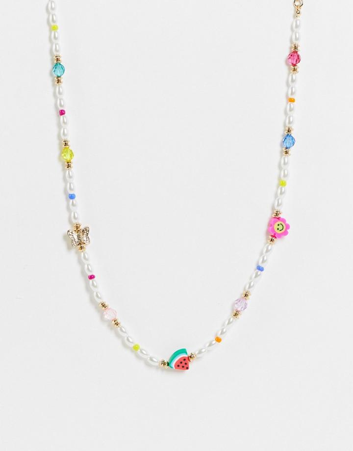 Monki Bead And Pearl Necklace In Multi