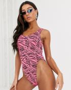 Asos Design Crinkle Scoop Neck High Leg Swimsuit In Pink Zebra Print