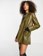 Topshop Faux Leather Double Breasted Blazer In Khaki-green