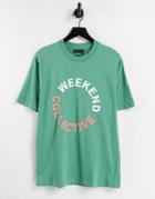 Asos Weekend Collective Oversized T-shirt With Colored Logo In Khaki-green