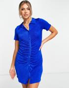 I Saw It First Slinky Ruched Button Front Collared Body-conscious Dress In Blue-blues