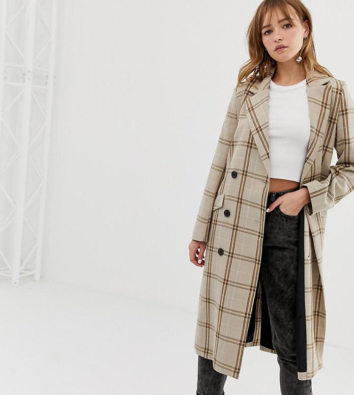 Monki Check Tailored Lightweight Coat In Beige-brown