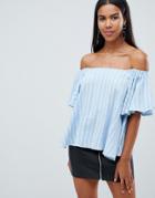 Rare Flut Sleeve Bardot Stripe Top - Blue