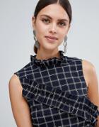 Y.a.s Salu Windowpane Check Ruffle Front Top - Black