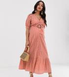 Asos Design Maternity Broderie Pephem Maxi Dress With Wooden Belt - Pink