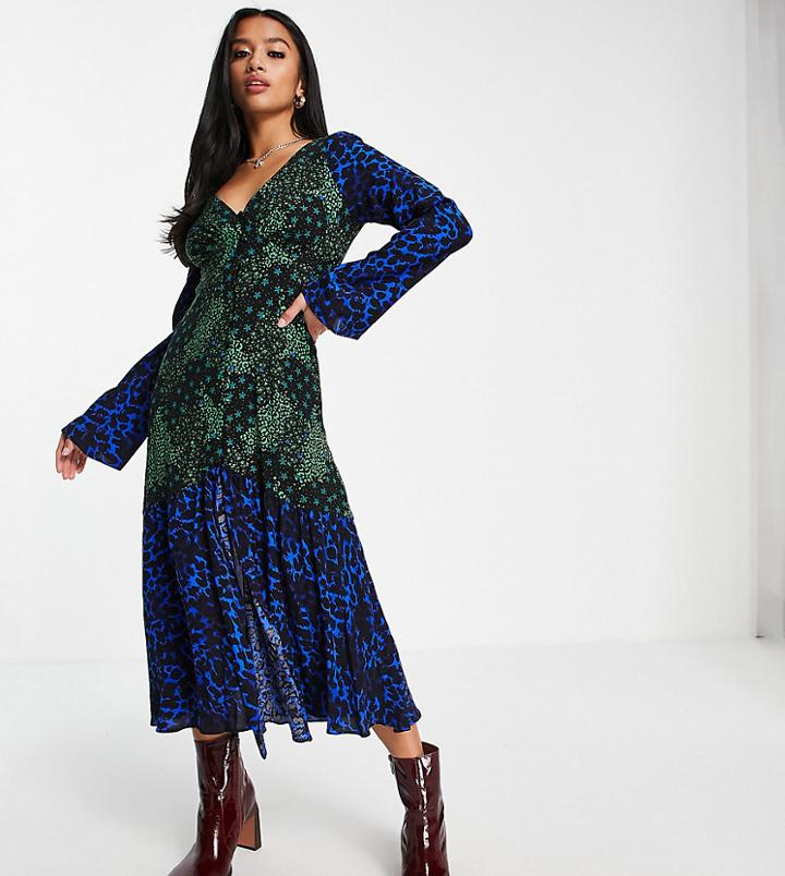 Topshop Petite Viscose Blend Mix Print V Neck Midi Dress In Multi - Multi