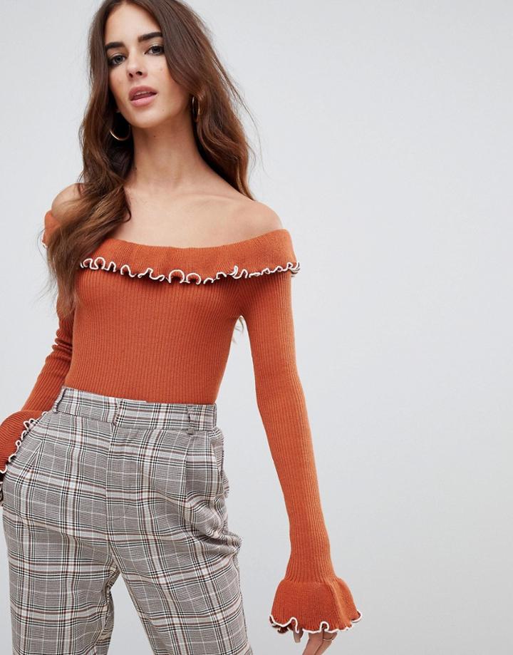 Fashion Union Off Shoulder Sweater With Crinkle Hem - Tan