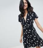 Asos Design Tall Button Through Mini Skater Dress In Mono Floral - Multi