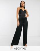 Asos Design Tall Cami Strap Satin Jumpsuit With Plunge Front-black