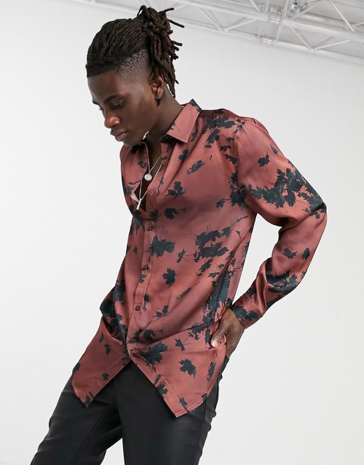 Asos Design Longline Curved Hem Satin Shirt In All Over Floral Print-red