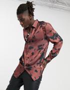 Asos Design Longline Curved Hem Satin Shirt In All Over Floral Print-red
