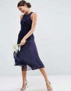 Asos Wedding Pleated Midi Dress With Ruched Detail - Navy