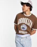 Asos Design Relaxed Ringer T-shirt In Brown With Varsity Front Print