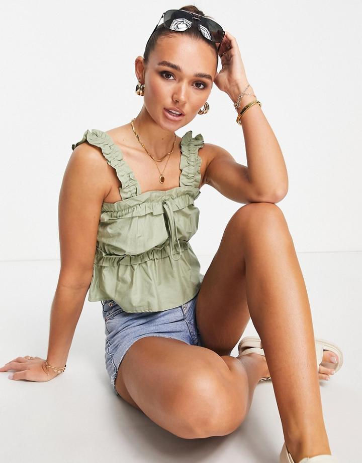 Asos Design Cotton Sun Top With Ruched Waist & Straps In Soft Khaki-multi