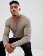 Asos Design Muscle Fit Waffle Textured Sweater In Tan - Tan