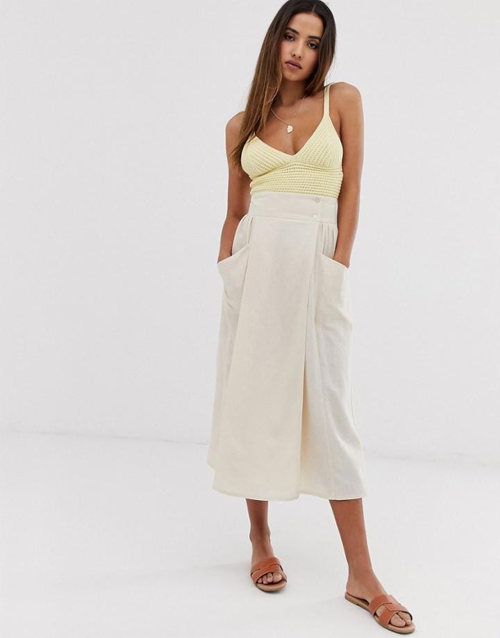 Asos Design Wrap Midi Skirt With Tie Side And Pockets - Beige