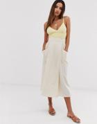 Asos Design Wrap Midi Skirt With Tie Side And Pockets - Beige