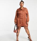 Flounce London Plus Mini Satin Shirt Dress In Chocolate Brown