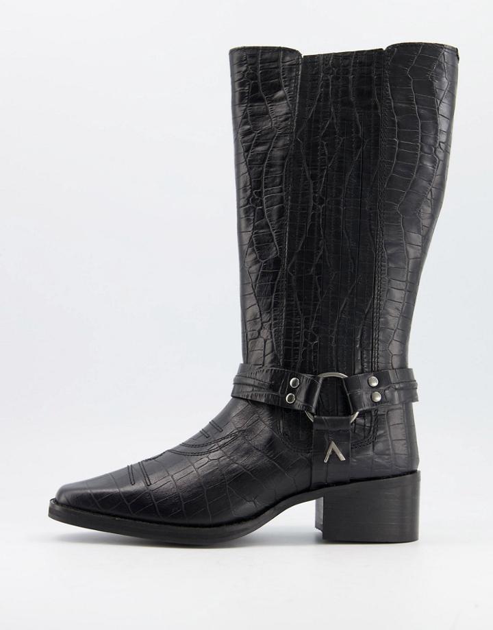 Asra Khloe Western Knee Boots In Croc Embossed Black Leather