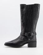 Asra Khloe Western Knee Boots In Croc Embossed Black Leather