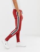 Asos Design Retro Track Skinny Joggers With Side Stripes And Poppers In Red - Red