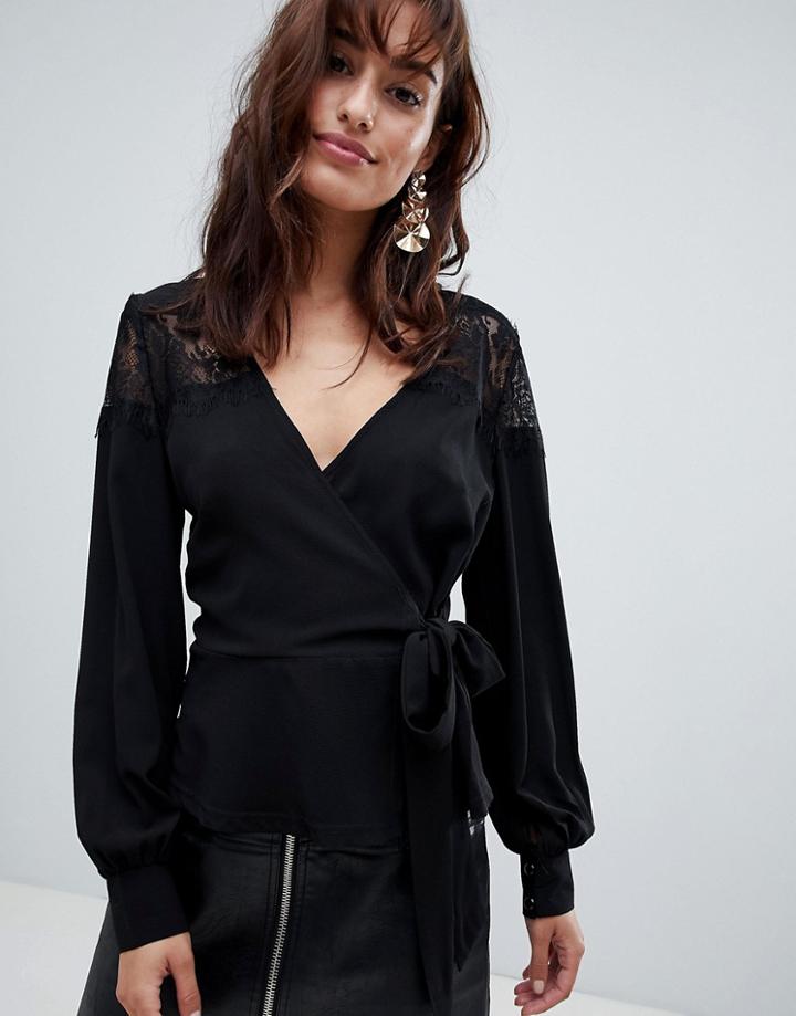 Outrageous Fortune Ruffle Detail Lace Insert Wrap Blouse-black
