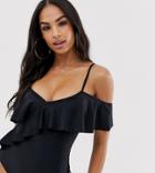 South Beach Exclusive Eco Wrap Front Frill Swimsuit In Black - Black