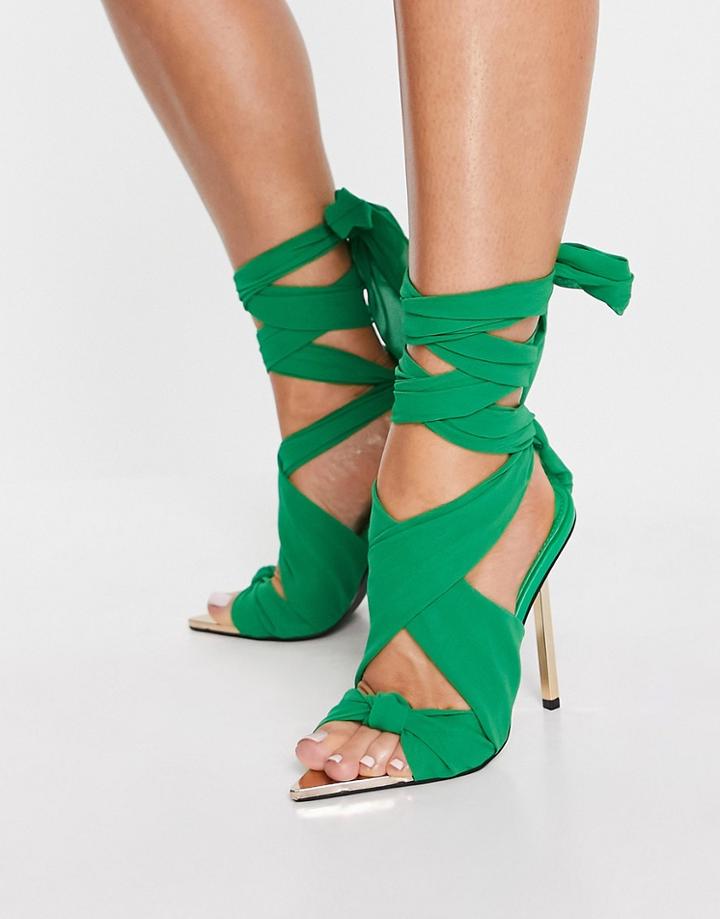 Public Desire Huni Tie Up Sandals In Green Chiffon With Gold Heel