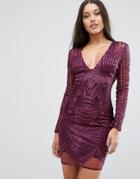 Lavish Alice Plunge Embroidered Pencil Dress - Purple