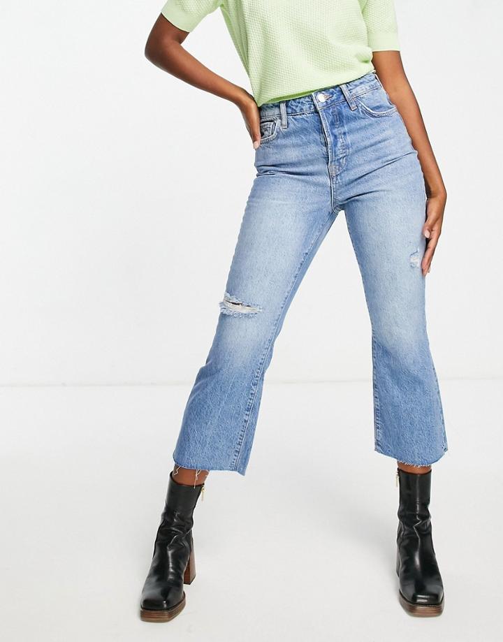 River Island High Waisted Ripped Kick Flared Jeans In Medium Blue-blues