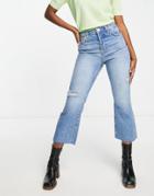 River Island High Waisted Ripped Kick Flared Jeans In Medium Blue-blues