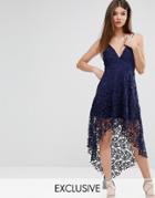 Love Triangle Wrap Front Lace Dress With High Low Hem - Navy
