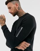 Asos Design Long Sleeve T-shirt With Ma1 Zip Sleeve Pocket In Black