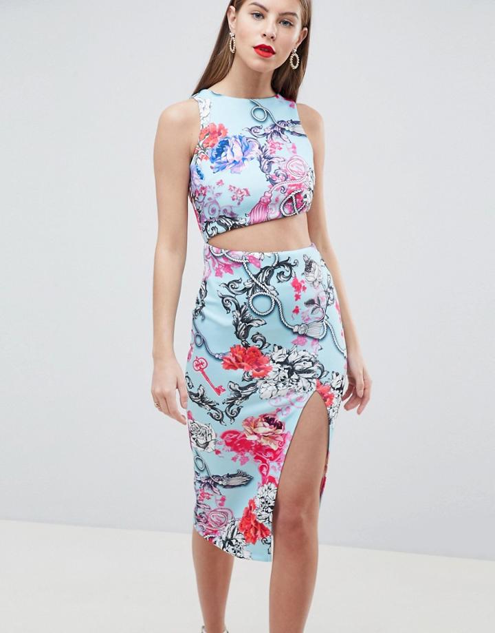 Asos Design Scuba Chain Floral Print Cut Out Bodycon Dress-multi