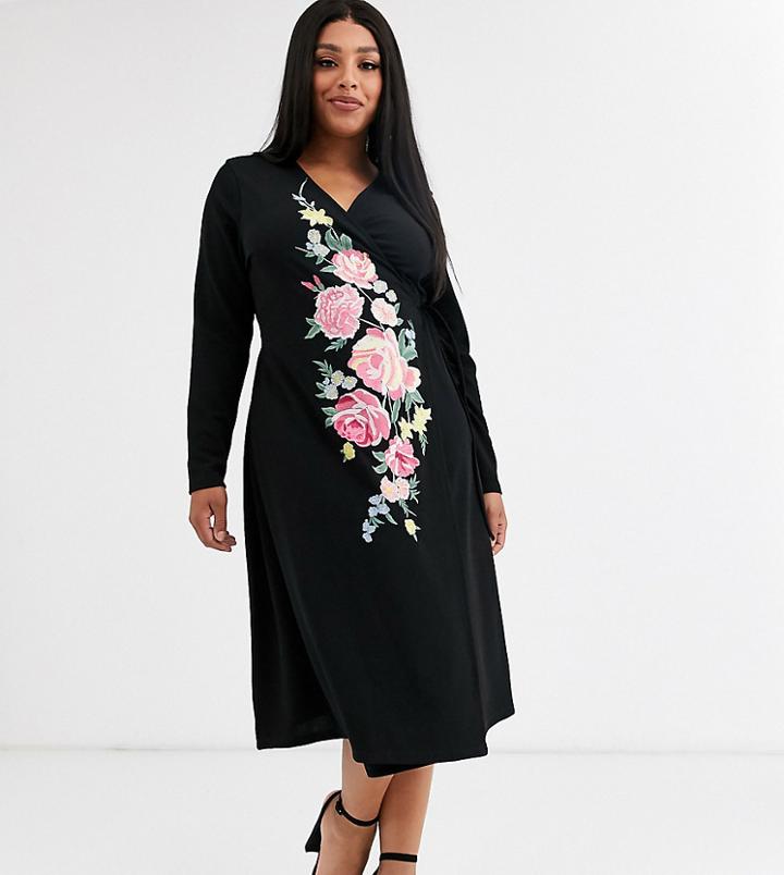 Asos Design Curve Embroidered Wrap Midi Dress