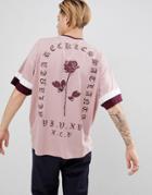 Asos Design Oversized Longline T-shirt With Rose Back Print And Panels - Pink