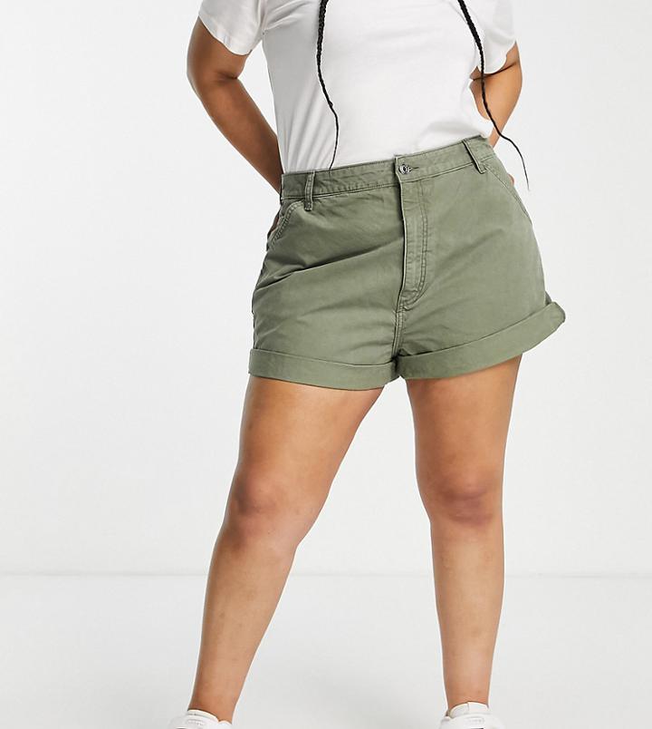 Asos Design Curve Slouchy Mom Short In Washed Khaki-green