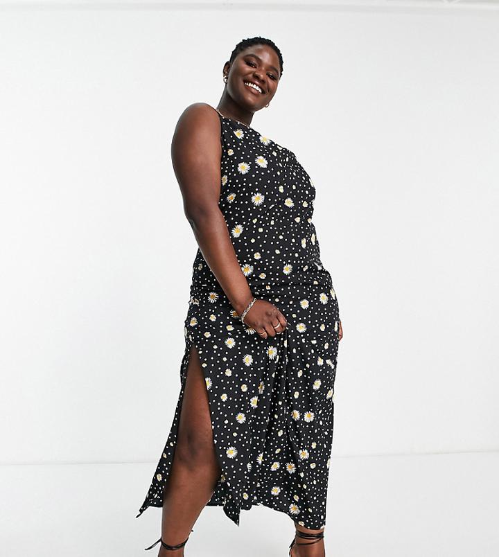Ax Paris Plus Cowl Neck Satin Midi Dress In Daisy Print-black